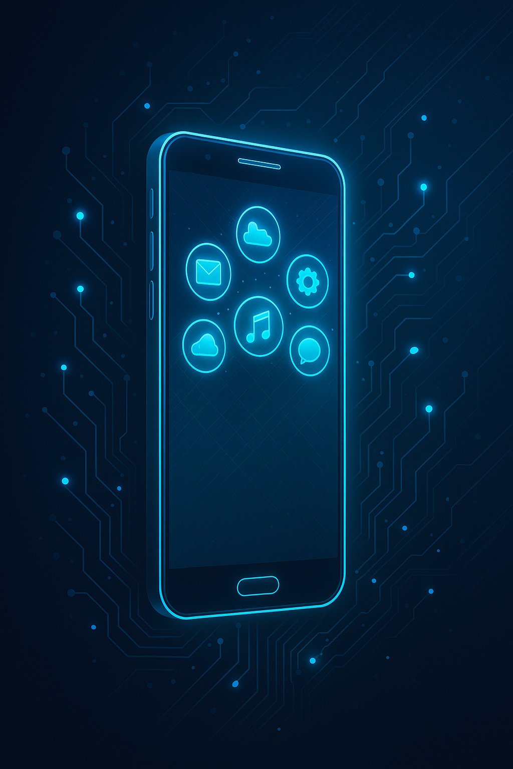 Abstract illustration of a smartphone with glowing digital icons and circuits representing modern mobile technology